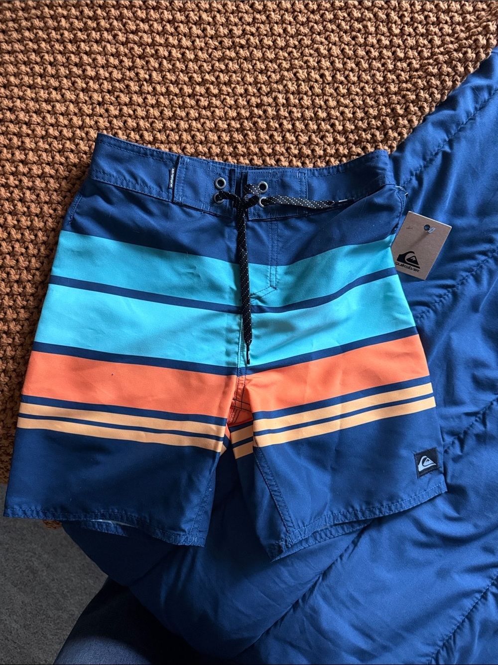 Quiksilver Boys' Striped Swim Trunks in Navy, Teal & Orange
